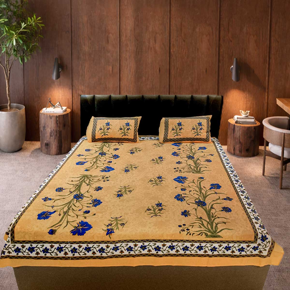 SENORA Cotton Floral King Size Bedsheet – Yellow with Blue