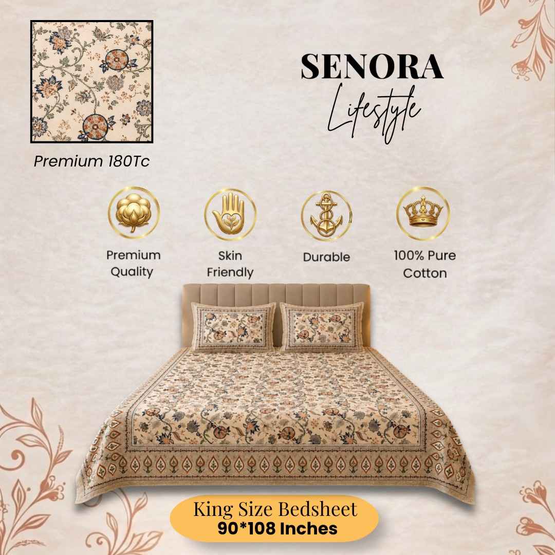 SENORA Premium Earthy Floral King Size 180 TC Cotton Bedsheet with 2 Pillow Covers