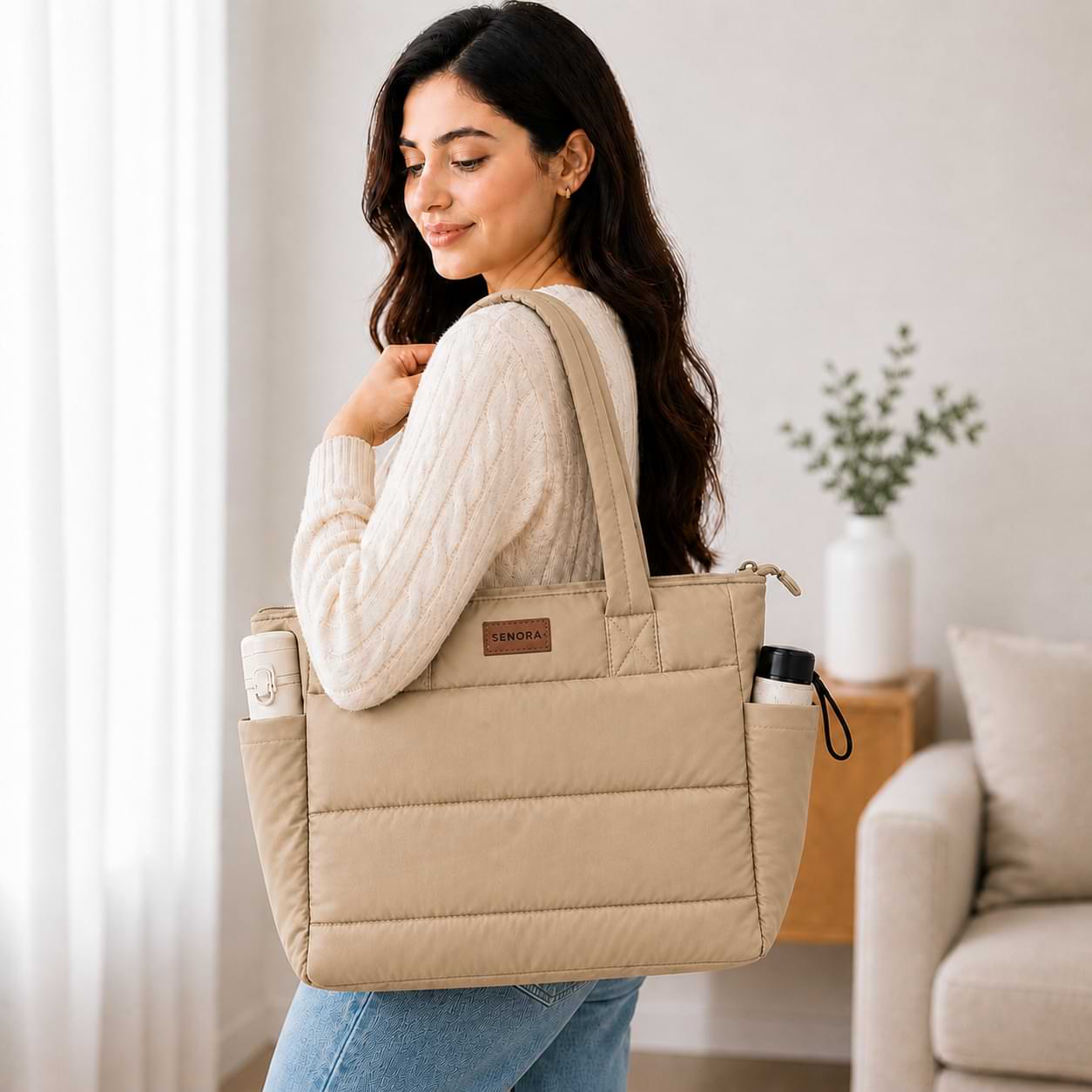 SENORA Padded Nylon Tote Bag for Women – Lightweight Quilted Handbag