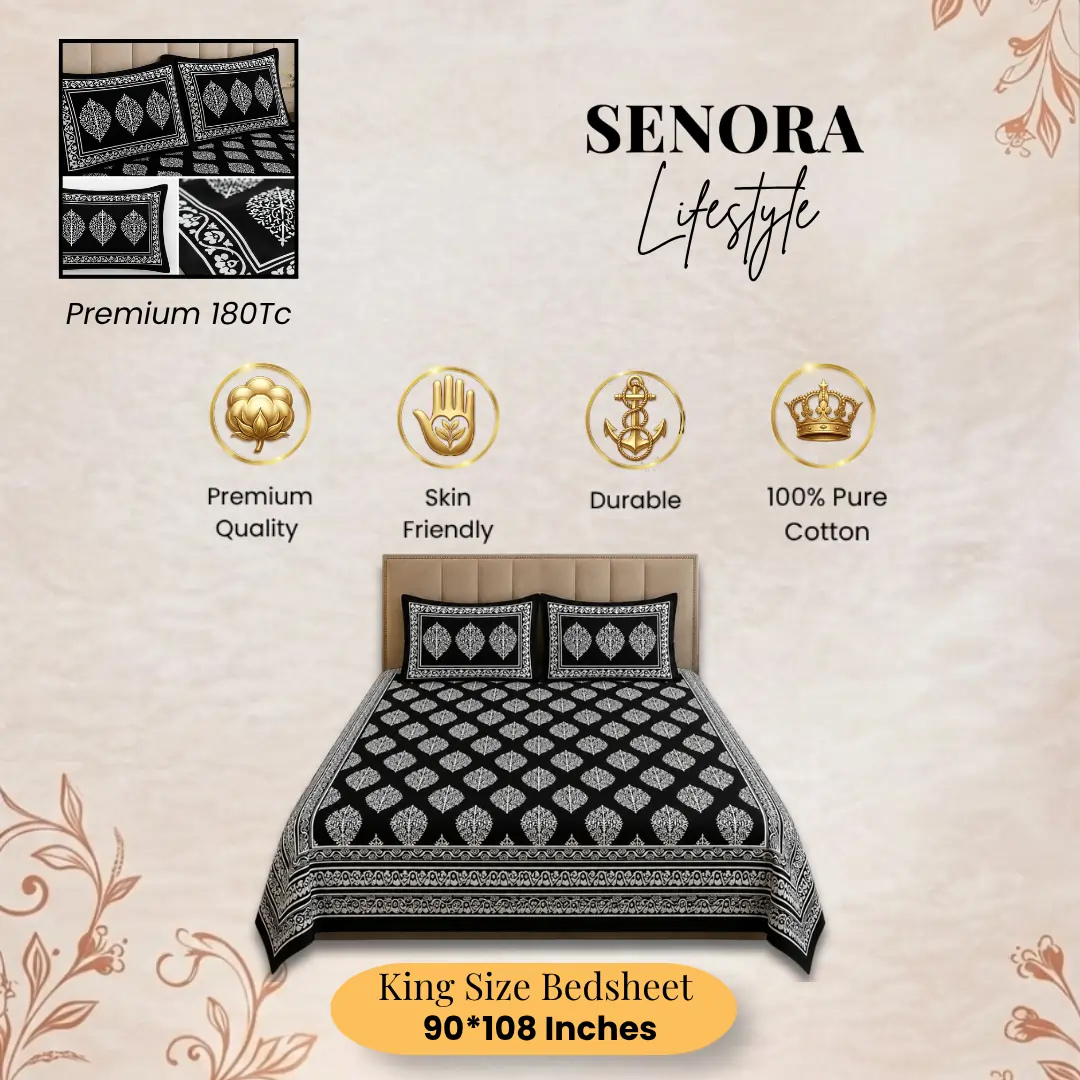 SENORA Lifestyle Black & White Floral Double Bedsheet