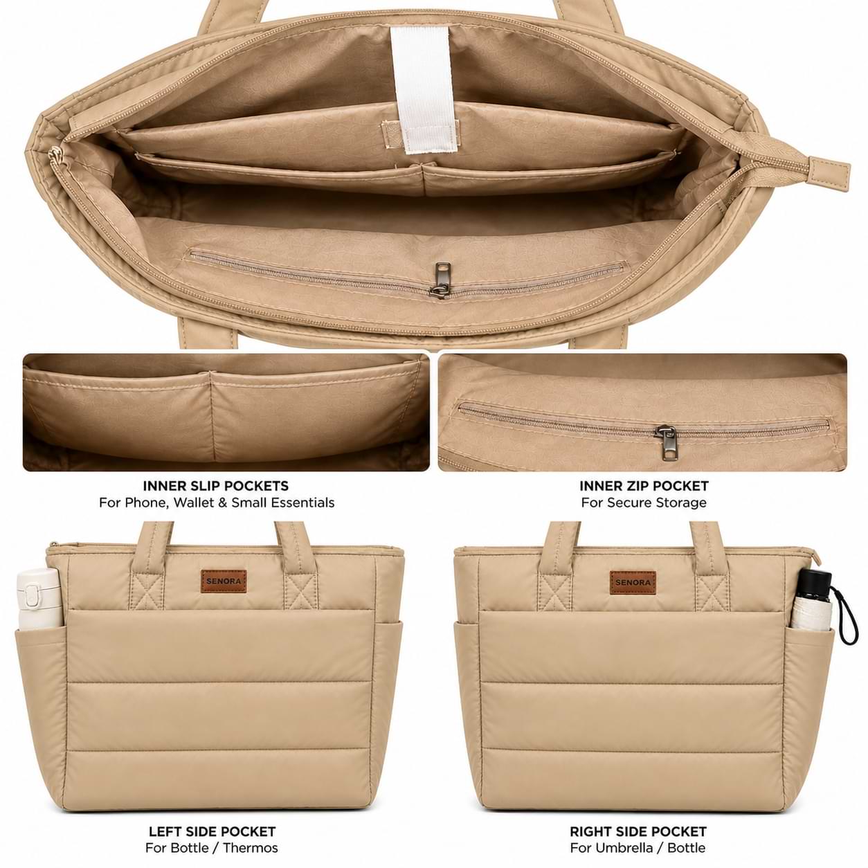 SENORA Padded Nylon Tote Bag for Women – Lightweight Quilted Handbag