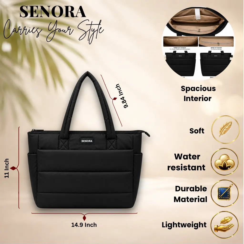 SENORA Padded Tote Bag for Women – Lightweight Quilted Handbag with Zipper Closure