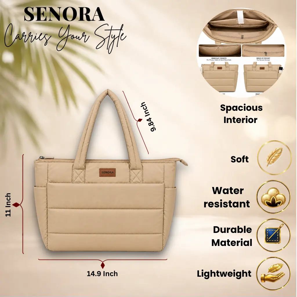 SENORA Padded Nylon Tote Bag for Women – Lightweight Quilted Handbag