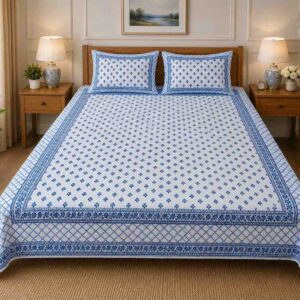 SENORA Lifestyle Off White & Classic Blue Cotton Super King Bedsheet 108 × 108 Inches with 2 Pillow Covers