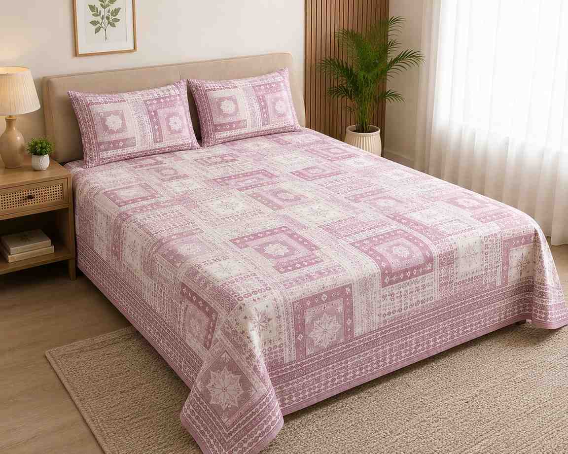 SENORA Pink Ornamental Print King Size Cotton Bedsheet with Pillow Covers