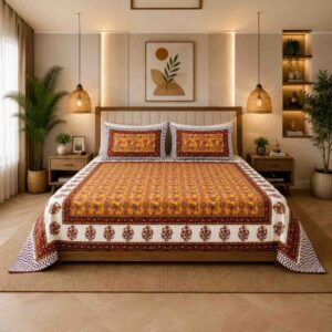 SENORA Lifestyle Mustard Yellow & Rust Brown Cotton Super King Bedsheet 108 × 108 Inches with 2 Pillow Covers